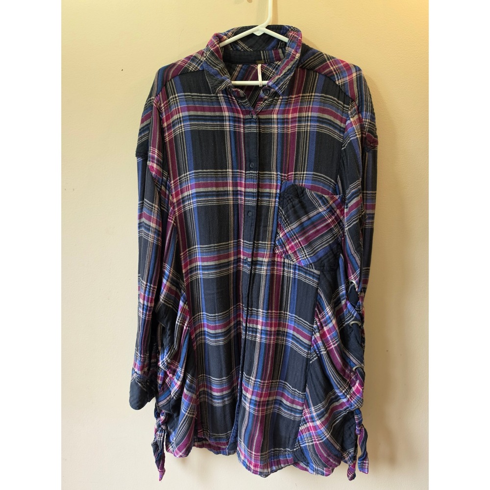 Free People Plaid Lace Up Side Button Down Shirt Purple Blue Black Womens Large